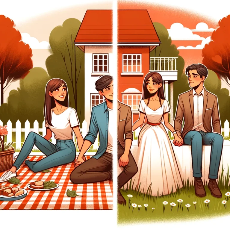 Illustration of two contrasting scenes divided by a vertical line. On the left, a white woman and a hispanic man are enjoying a casual date in a park, sitting on a picnic blanket with light-hearted expressions and relaxed body language, symbolizing a girlfriend-boyfriend relationship. On the right, the same couple, now dressed in formal attire, are holding hands and looking into each other's eyes with deep emotional attachment, standing in front of a house, which represents future planning and the committed bond of a husband and wife.