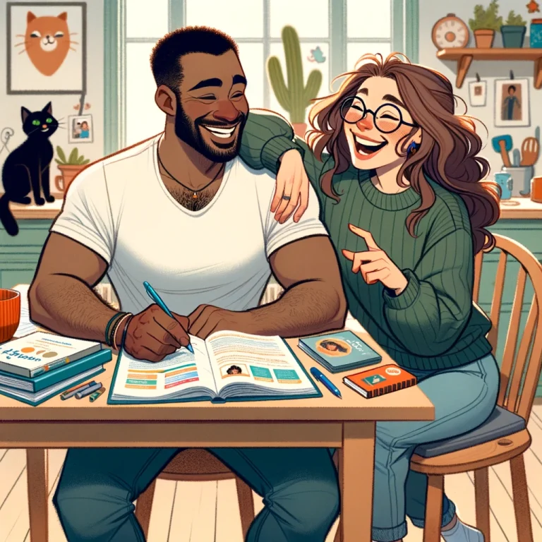 An illustration in a light-hearted, cartoonish style, showing a diverse couple working through a workbook on workplace boundaries together. The man, a black man in his 30s with a short beard, is seated at a dining table, wearing a comfortable t-shirt and jeans. He is smiling and pointing to a section of the workbook with a pen. Beside him, the woman, a white woman in her 30s with long, curly hair, is also seated at the table, wearing a comfortable sweater and glasses. She is laughing and playfully nudging the man with her elbow. The room is bright and filled with colorful decorations, and a cat is perched on the back of one of the chairs, adding a playful and whimsical touch to the scene.