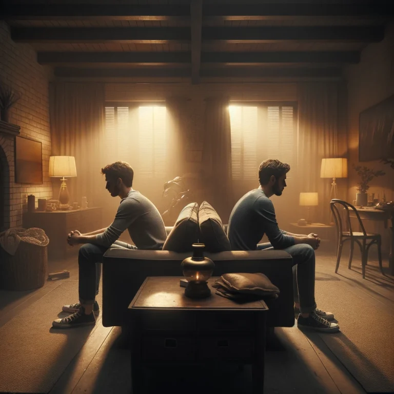 A photo capturing a moment of silence and emotional distance between two brothers, symbolizing estrangement. The setting is dimly lit and the brothers are sitting in a living room, facing away from each other, lost in their own thoughts. The room is filled with tension and the lack of communication is palpable. The image should evoke a sense of heartbreak and the desire for reconciliation.