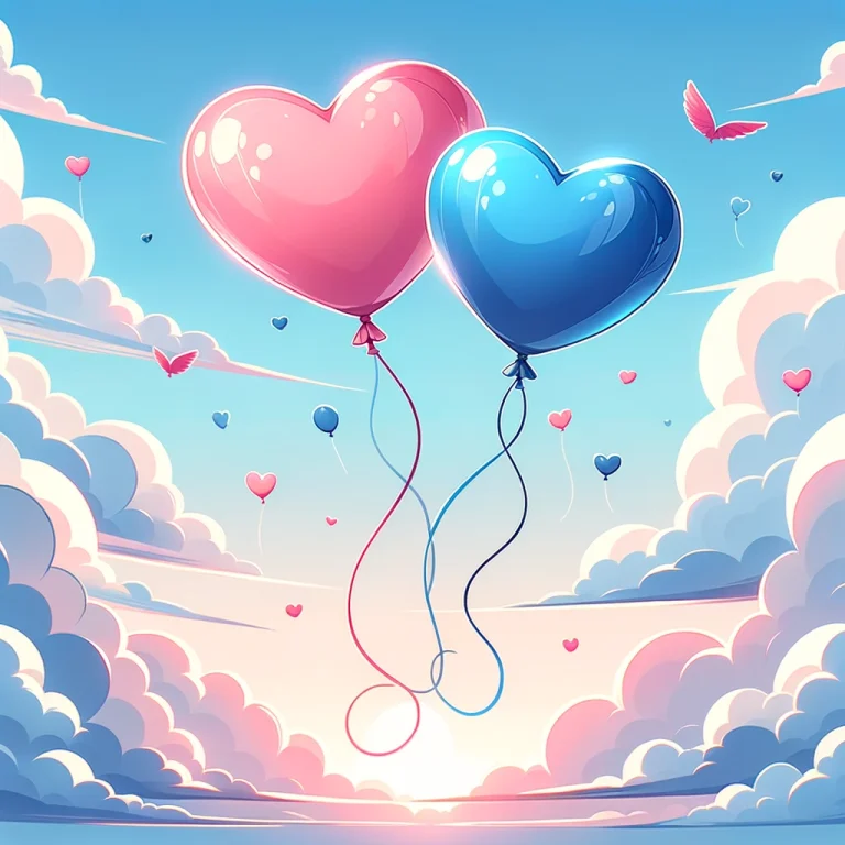 Illustration of two heart-shaped balloons, one pink and one blue, floating against a clear sky, symbolizing mutual love and connection.