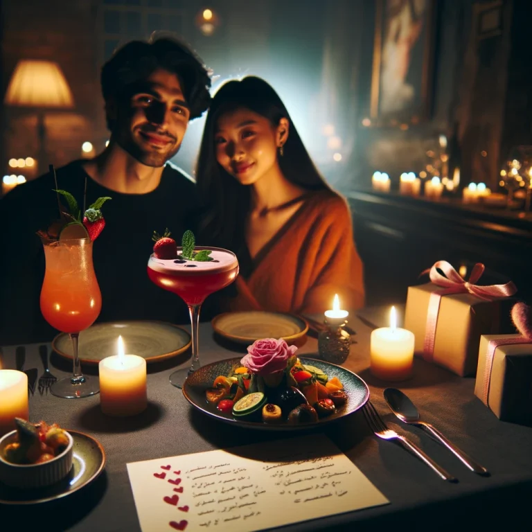 Photo: a dimly lit room with soft candlelight illuminating a beautifully set dinner table. On the table, there's a signature cocktail with vibrant colors and garnishes, next to a plate of gourmet dishes. In the background, handwritten love notes are visible, and a small wrapped gift sits next to a wine glass. A diverse couple, a middle eastern man and a southeast asian woman, are about to start their enchanted dinner date, exchanging smiles of anticipation.