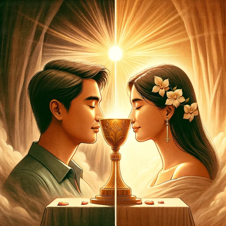 Illustration showing the transformative power of the eucharist in a couple’s relationship. The image is divided into two halves. On the left side, a couple of asian descent is depicted in a moment of strife, with visible tension and distance between them. Their surroundings are dull and the atmosphere is heavy. On the right side, the same couple is shown after receiving the eucharist, now close and united, with expressions of love and understanding. The atmosphere is bright and warm, symbolizing the healing and strengthening power of the eucharist. Above them, a radiant chalice represents the eucharist, casting a gentle glow on the couple and transforming their relationship.