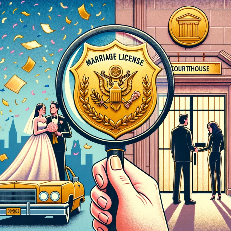Illustration of a golden marriage license held by a hand, with a magnifying glass over it. The background showcases a split scene: on one side, a happy couple celebrating with confetti and joy, representing a legally recognized marriage; on the other side, a couple looking distressed, standing outside a locked courthouse, representing the consequences of not having a license.