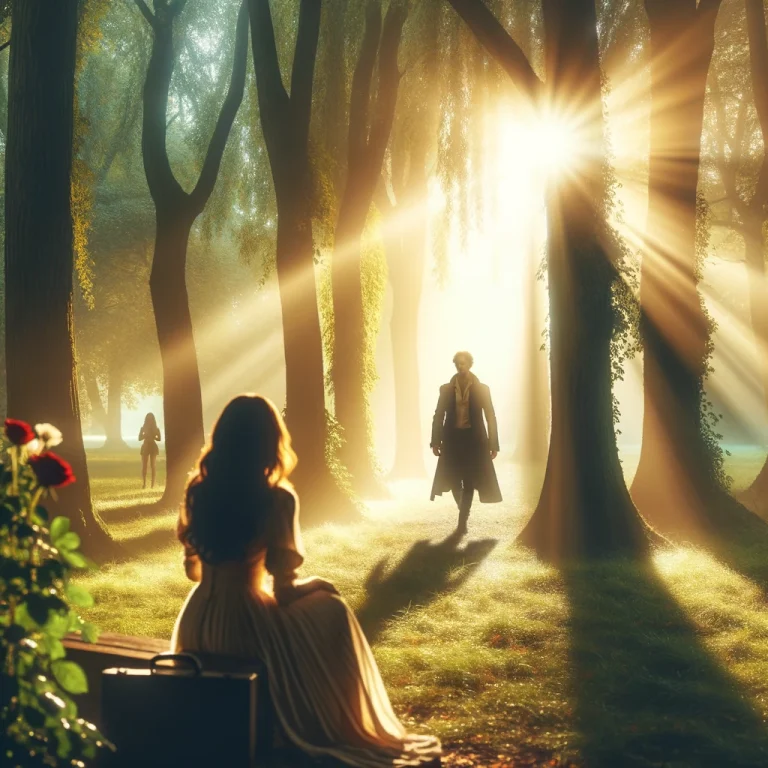 Photo of a tranquil park scene with sunlight filtering through the trees, distant sound of laughter, and a mysterious stranger entering the scene, capturing a woman's attention. The atmosphere is filled with romance and destiny, highlighting the beauty of unexpected love.