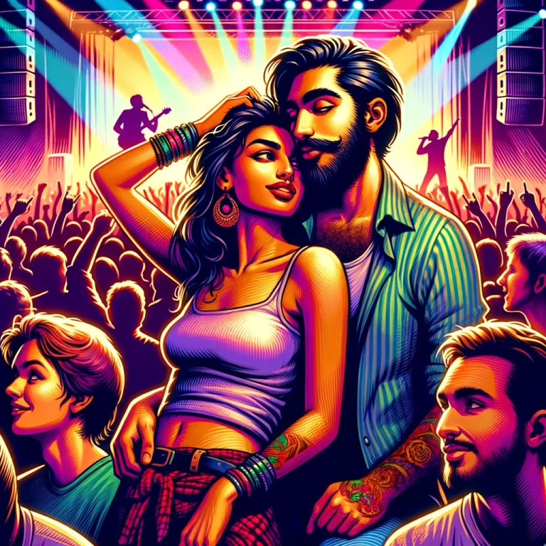 Illustration in a vibrant and expressive style, capturing a moment between two close friends, a middle eastern woman and a caucasian man, who are mistaken for a couple. They are at a concert, enjoying the music and each other’s company, with the woman leaning on the man’s shoulder. Their body language is open and comfortable, but their expressions show a mix of amusement and frustration as they notice people around them whispering and making assumptions. The background is filled with a lively crowd, colorful stage lights, and the silhouette of a band performing, creating a dynamic and immersive scene.
