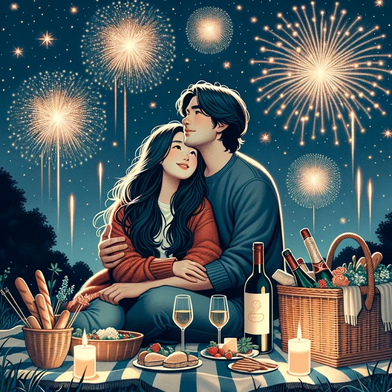 Ouple spending new year's eve outdoors, engaged in a romantic picnic under a starlit sky. The couple, an asian woman with long straight hair and a hispanic man with medium-length wavy hair, are sitting on a blanket, surrounded by a basket filled with food, a bottle of wine, and two glasses. They are sharing a warm embrace and looking up at the sky, where fireworks are bursting in vibrant colors. The setting is in a quiet park, and the night is clear, providing a perfect view of the fireworks and stars.