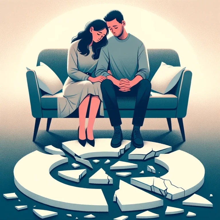 Illustration of a married couple of mixed descent sitting close together on a couch, looking down at a shattered circle on the ground. The pieces of the circle are scattered around them, symbolizing the cycle of isolation. The background is soft and muted.