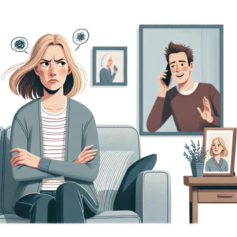 Create an illustration depicting a living room scene. In the foreground, show a caucasian woman in her 30s with blonde hair, sitting on a gray couch, looking frustrated and upset. Her arms are crossed, and her brow is furrowed. In the background, show a caucasian man in his 30s with short brown hair, talking on a smartphone, smiling and unaware of the woman's frustration. In a picture frame on a side table next to the couch, show a photo of an older caucasian woman with gray hair, smiling. The overall mood of the illustration should convey tension and disconnection between the couple.