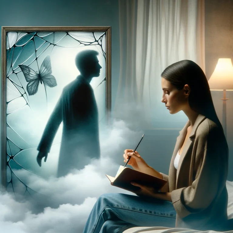 A photo depicting a symbolic dream scene with a shadowy figure representing a deceased husband turning away, in a serene but slightly foggy environment, indicating avoidance. The background is a symbolic representation of self-reflection, featuring a fragmented mirror partially reflecting the image of a pensive woman with a notebook, symbolizing the process of journaling about personal growth and the subconscious.