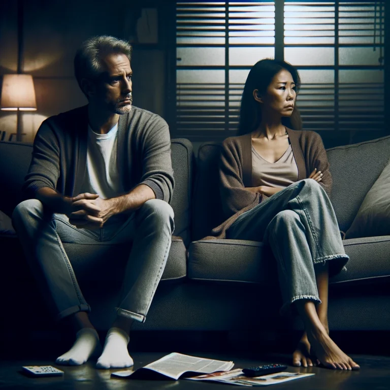 Photo of a middle-aged white man and a middle-aged asian woman sitting on opposite ends of a sofa, both looking away from each other with expressions of frustration and sadness. The room is dimly lit, emphasizing the distance and disconnection between them. There are visible signs of a disagreement, such as a tossed aside magazine and a remote control lying on the floor. The atmosphere is heavy, portraying the emotional disconnection and breakdown in communication.