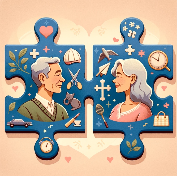 Illustration of two puzzle pieces fitting together perfectly, with each piece representing a middle-aged man and woman. The man's puzzle piece is adorned with hobbies and interests that are traditionally masculine, while the woman's piece features feminine traits. The background shows a harmonious blend of these interests, symbolizing a successful merging of perspectives in a marriage.