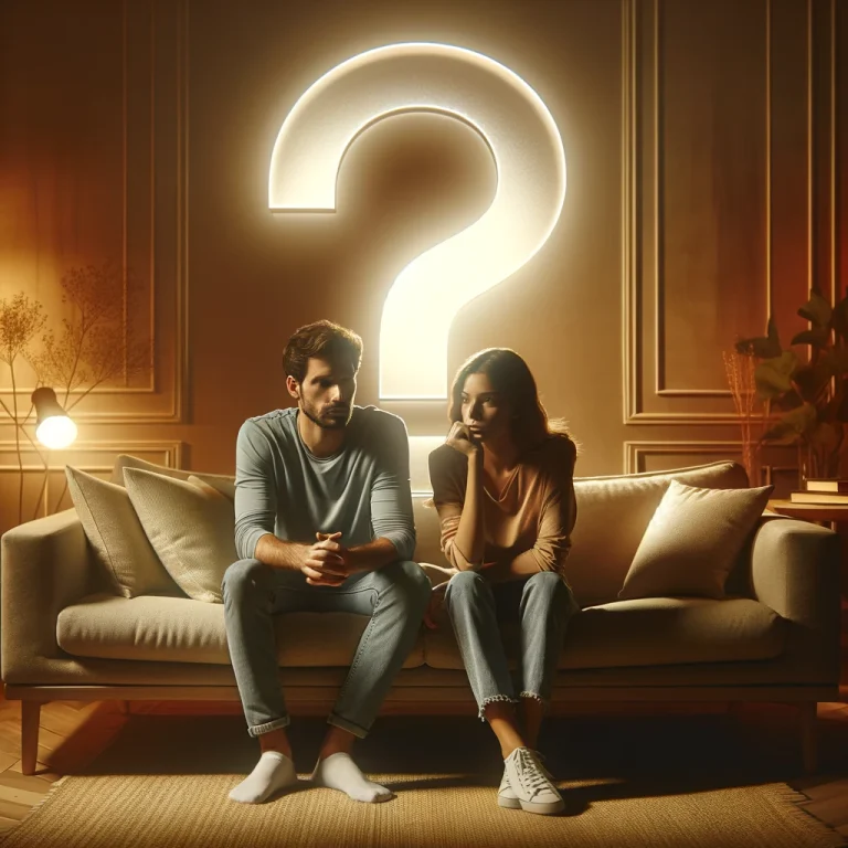Couple on sofa, with a question mark behind