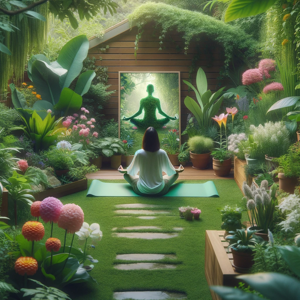 A person practicing yoga in a peaceful garden, surrounded by lush greenery and blooming flowers. The individual is focused and serene, embodying self-acceptance and self-care. The garden is vibrant with a variety of plants and flowers, creating a tranquil and nurturing environment, perfect for meditation and self-reflection. This scene symbolizes the importance of self-love in boosting self-esteem.