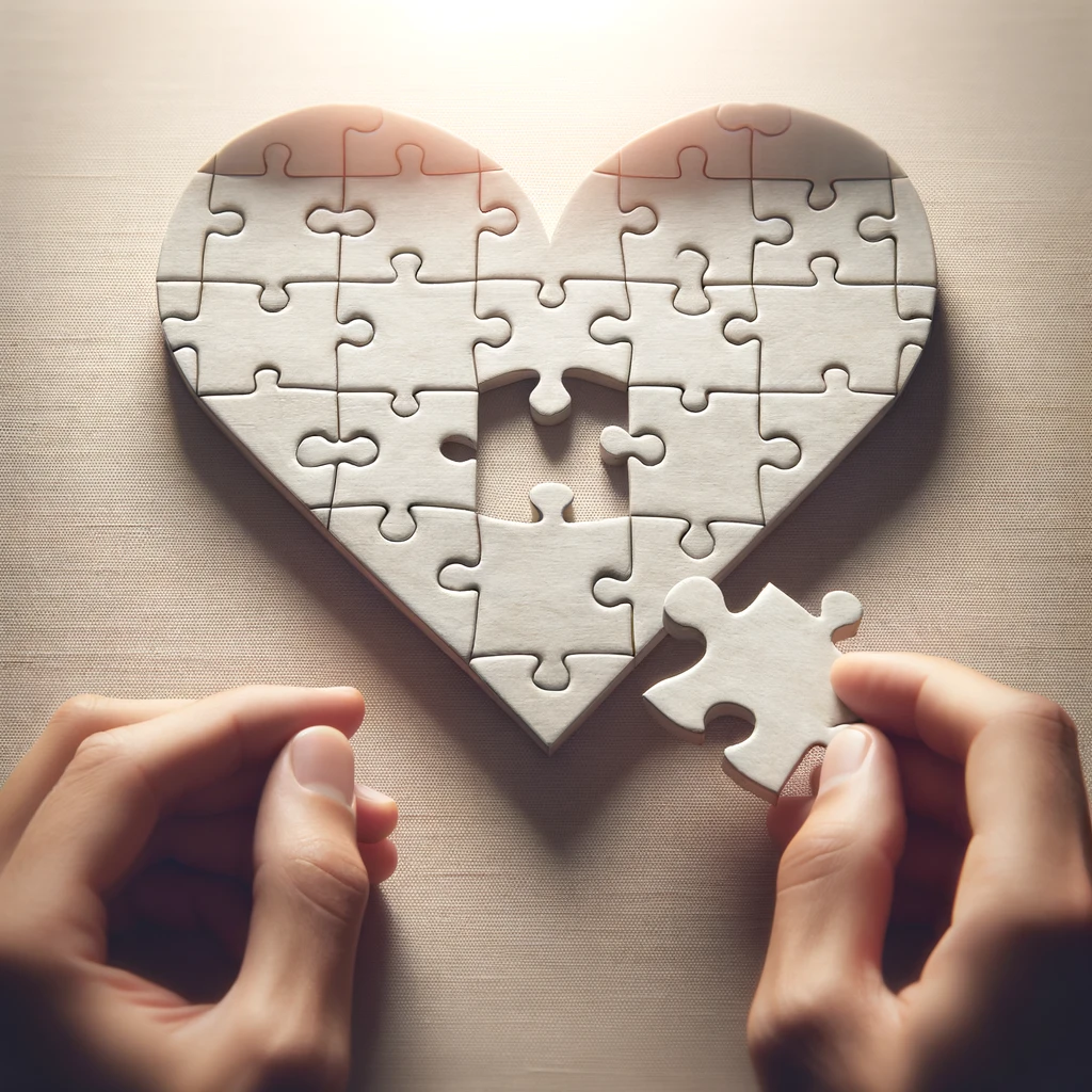 An image showing two hands, one hand placing the final piece into a jigsaw puzzle that forms a heart shape. The puzzle symbolizes the careful and patient process of rebuilding a relationship. The background is soft and neutral, highlighting the puzzle and the hands. The image is detailed and high quality, conveying a sense of hope and careful effort in rebuilding trust.
