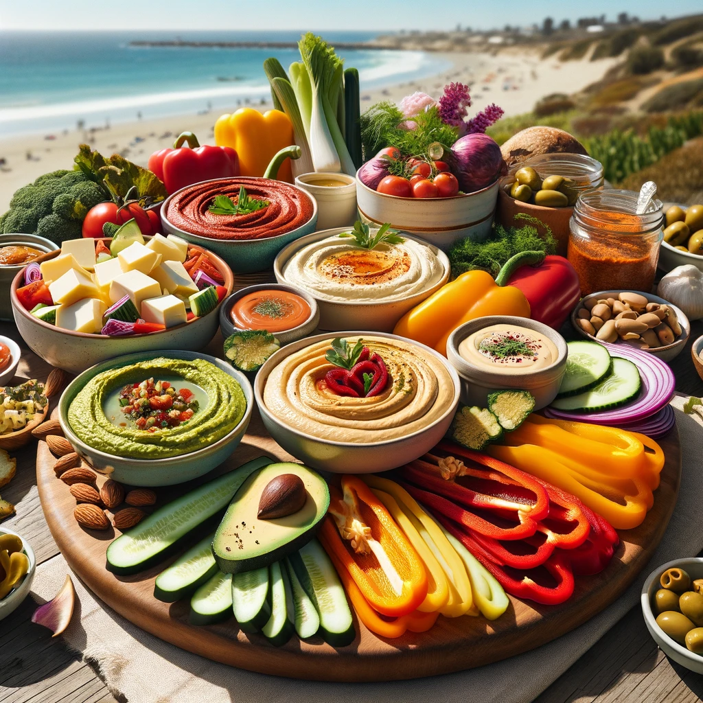 A gourmet vegan spread displayed on a wooden picnic table on a beach