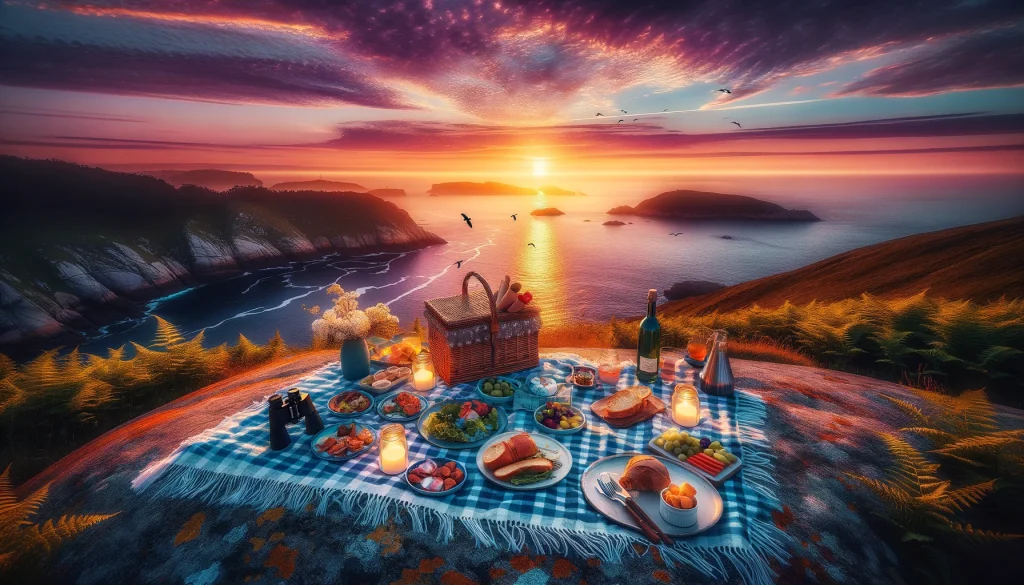 A beautifully set picnic on a coastal cliff at sunset, overlooking a panoramic view of the ocean