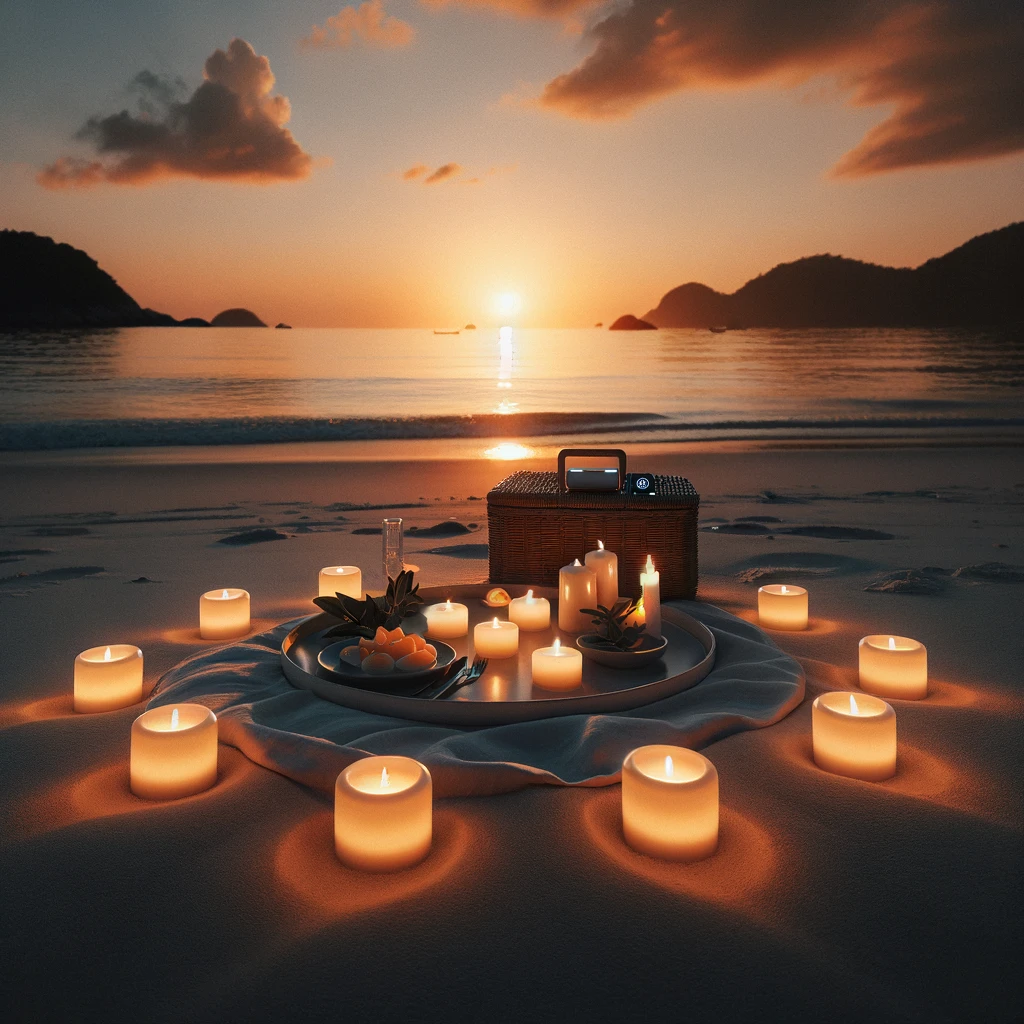 A serene beach setting at sunset, featuring a romantic picnic spot with fewer battery-operated led candles arranged sparsely in a semi-circle
