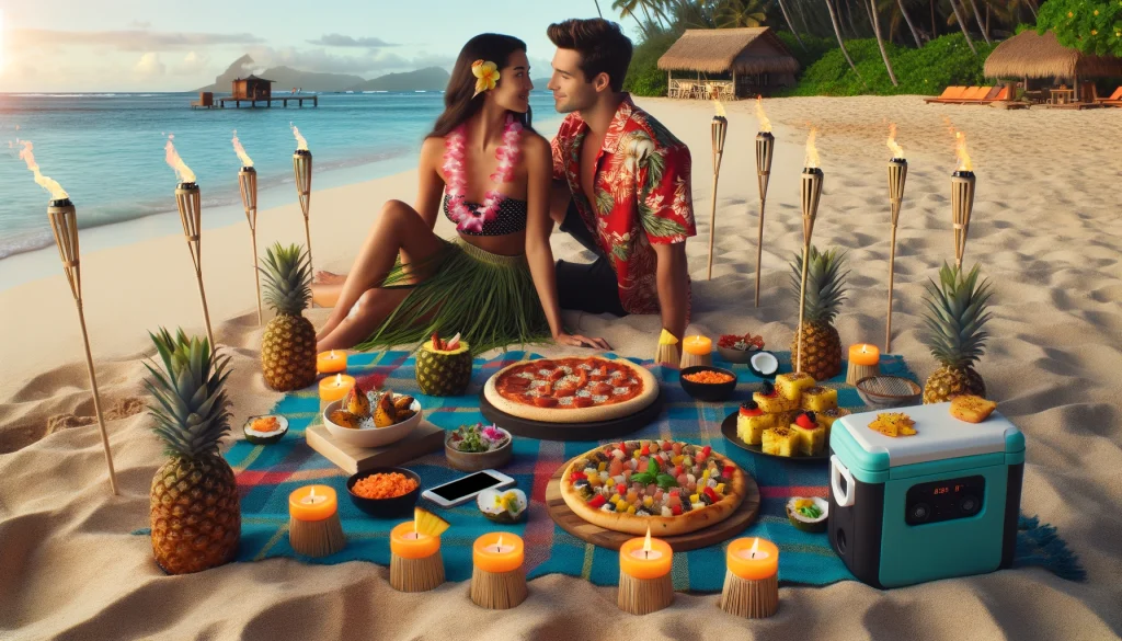 A romantic beach setting with a hawaiian luau theme
