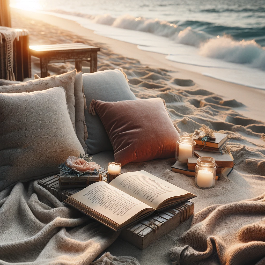 A romantic beach setting for a poetry reading date. The scene includes a cozy corner with plush cushions and a soft blanket laid out on the sand