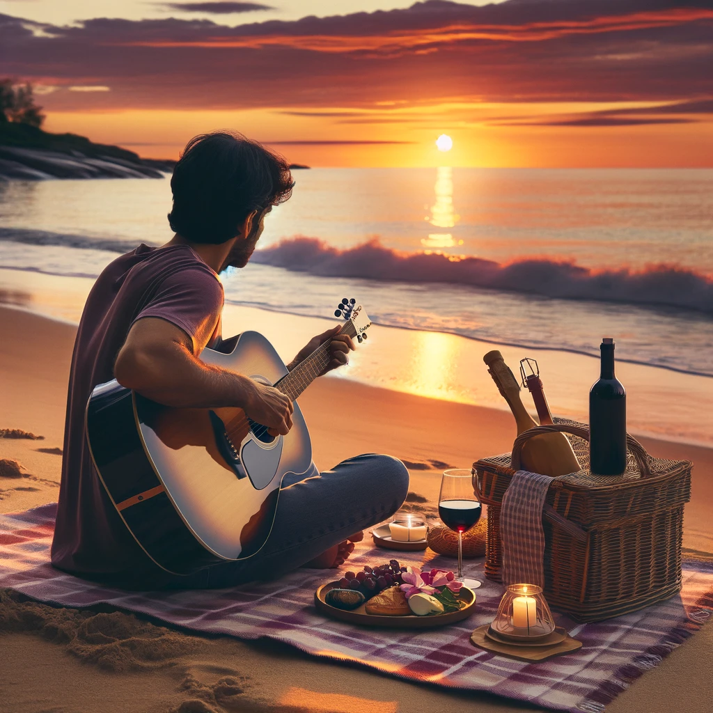 A romantic beach picnic at sunset, with a person playing an acoustic guitar.