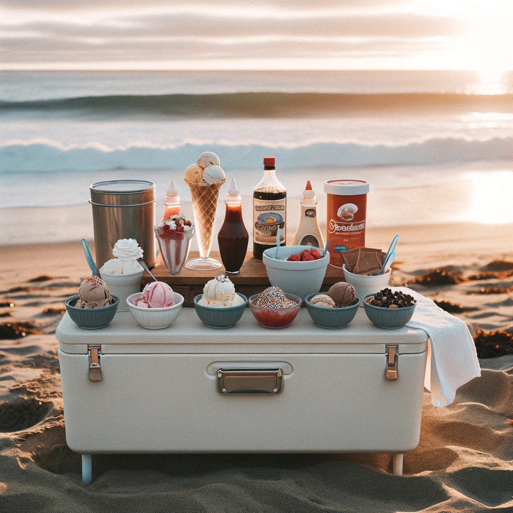 A simple, homemade ice cream sundae bar at a beach setting, capturing a more intimate and casual atmosphere