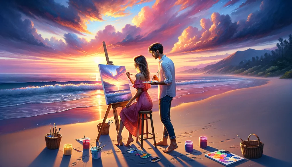 A romantic beach scene featuring a couple painting