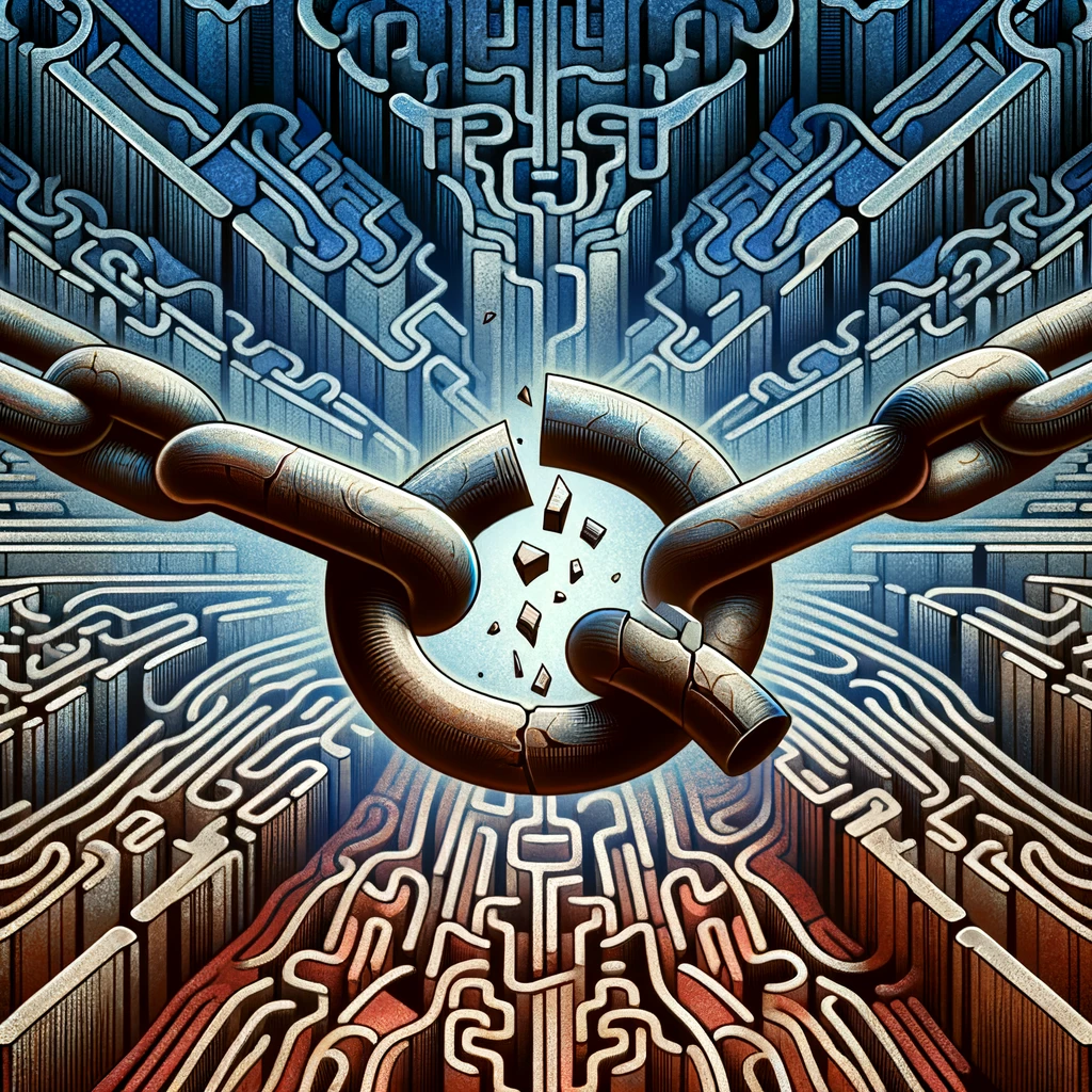 A symbolic representation of recognizing the signs of wife blackmailing. The central focus is a broken chain link, symbolizing breaking free from manipulation and control. The background features a subtle, intricate maze-like pattern, representing the complexity and confusion in such situations. The color palette includes a mix of dark and light shades, symbolizing the transition from unawareness to awareness. The image is abstract and conceptual, avoiding depictions of individuals or direct scenarios, to capture the essence of the topic.
