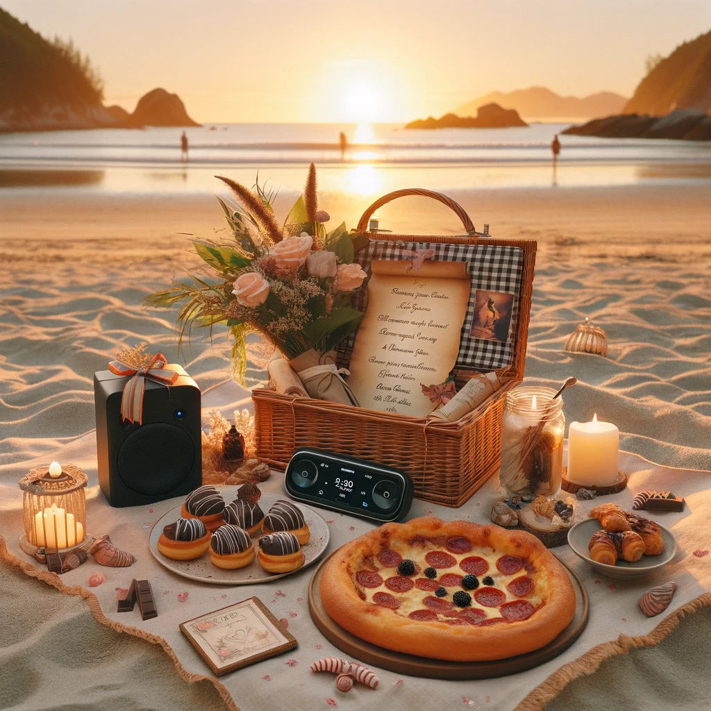 A serene beach setting at sunset, with a cozy picnic laid out on the sand.