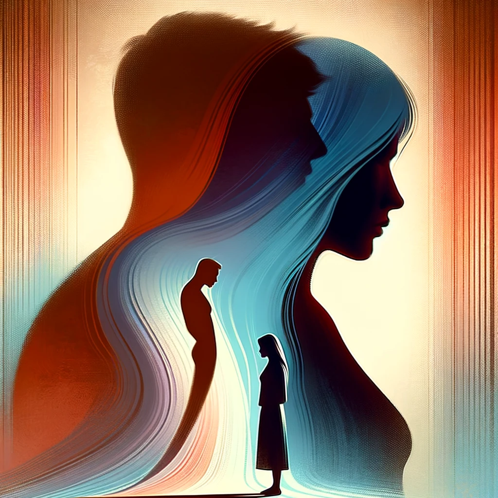 An abstract representation of relationship dynamics with a focus on female perspective. The image shows two figures, one larger, symbolizing a dominant spouse, and the other smaller, representing a female individual. The larger figure casts a shadow over the smaller, illustrating the imbalance and pressure in the relationship from a female viewpoint. The background features a gradient of colors transitioning from warm to cool, indicating the strain and lack of harmony. The figures are stylized and faceless, reflecting the universal nature of this issue.