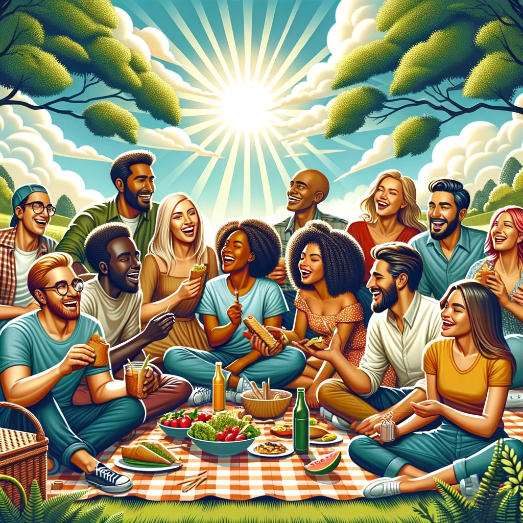 An illustration depicting a diverse group of friends enjoying a picnic together. The group includes men and women of various descents, such as Caucasian, Black, Hispanic, and Asian, all sitting around a picnic blanket in a sunny park. They are laughing and sharing food, with a picturesque background of green trees and a clear blue sky. The scene embodies a sense of harmony, respect, and friendship. The image should have vibrant colors, high detail, and convey a warm, welcoming atmosphere.