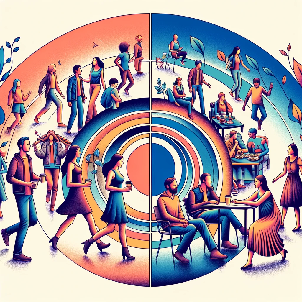 An abstract illustration symbolizing the evolution of social circles after marriage. The image features two halves, divided by a subtle line. On the left, a vibrant depiction of diverse groups of friends - men and women of various descents, engaging in different activities like coffee outings, hiking, and movie nights. These figures are in bright colors, showcasing their active social life. On the right, the same individuals are portrayed with a more subdued palette, engaged in couple-oriented activities like romantic dinners or home life, emphasizing the shift in social dynamics post-marriage.