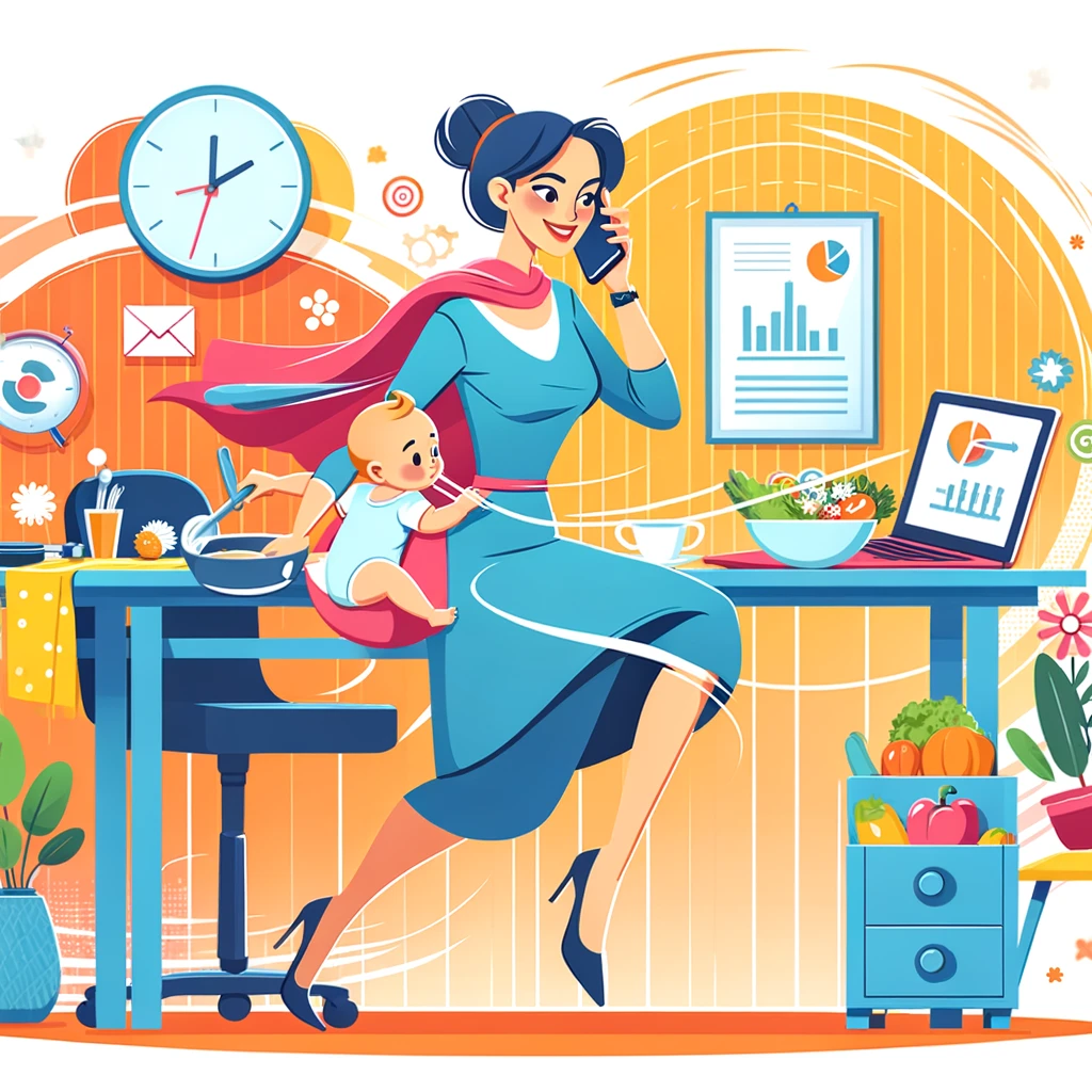 A cartoon of a modern housewife in a new era of domesticity. She is a multi-tasker, balancing home, career, and personal growth. The image depicts her in a dynamic and modern environment, where she is actively engaged in various activities. She is in a home office, working on a laptop with a phone in one hand, while in the other hand she holds a baby. There are cooking utensils and a healthy salad on the table, symbolizing her role in managing the home. The setting is bright, colorful, and portrays a positive and empowered image of the modern housewife.