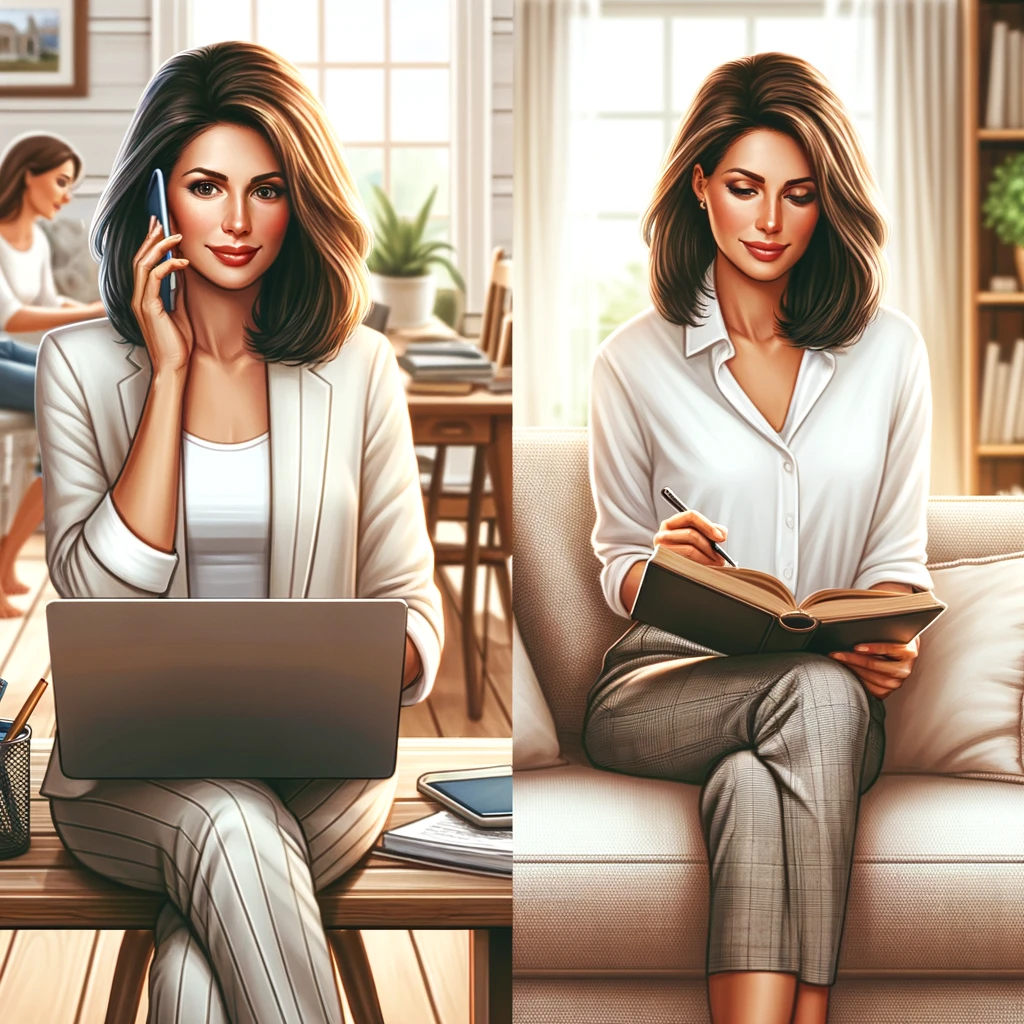 Image 1: a middle-aged caucasian woman in a home office, dressed in smart casual attire, working on a laptop with a phone in her hand. The background shows a cozy home setting, like a living room, to symbolize her role in managing home and career. Image 2: the same woman in a relaxed setting, sitting in a comfortable chair, reading a book. The room has a warm ambiance with a bookshelf and a potted plant, representing personal growth and relaxation.