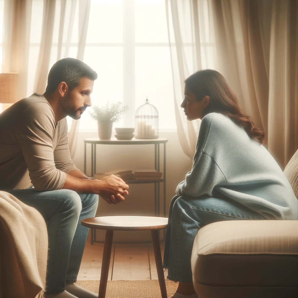 A serene image showing a couple engaged in a deep conversation in a cozy home setting. The room is softly lit, exuding warmth and comfort, with a small coffee table between them. The couple, a middle-aged hispanic man and a caucasian woman, both appear relaxed yet attentive, symbolizing open communication. They are surrounded by subtle decor that suggests a nurturing and trusting environment.