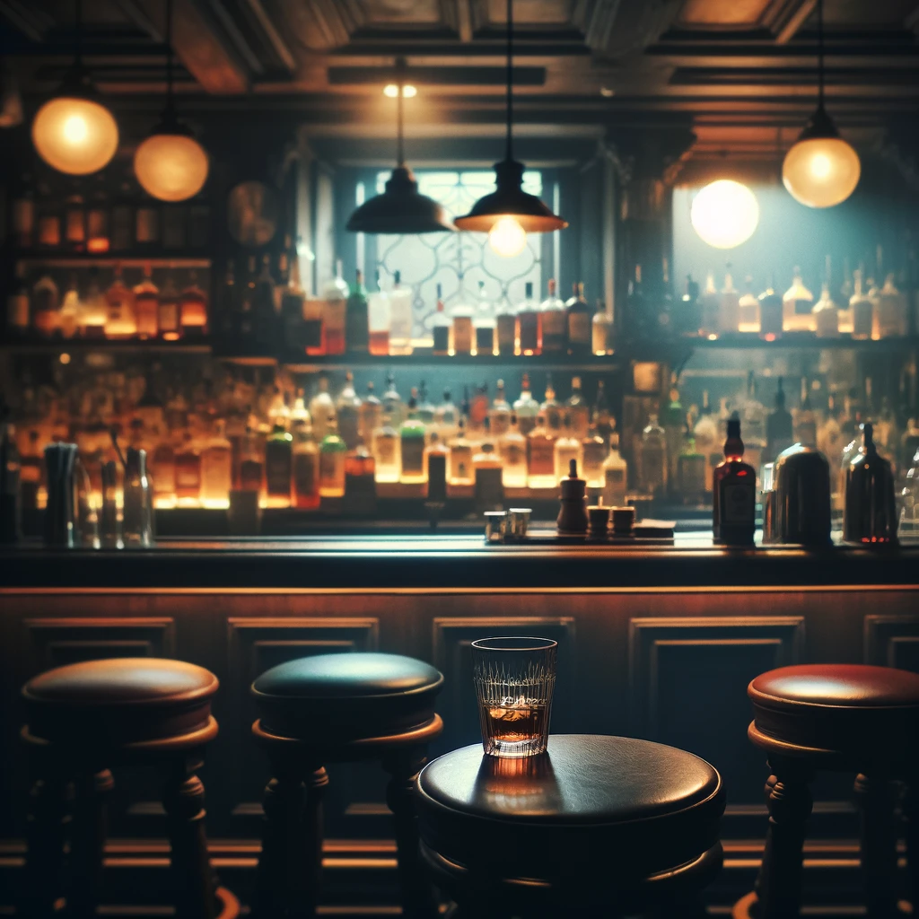 A melancholic scene of an empty bar with dim lighting, capturing a sense of loneliness and isolation. The bar is well-decorated with classic wooden furnishings, vintage bar stools, and an array of colorful liquor bottles on the shelves. A single, half-empty glass of drink sits on the bar counter, symbolizing solitude. The atmosphere conveys a sense of emptiness and reflection, hinting at the impact of frequent solitary visits to such places on personal relationships.
