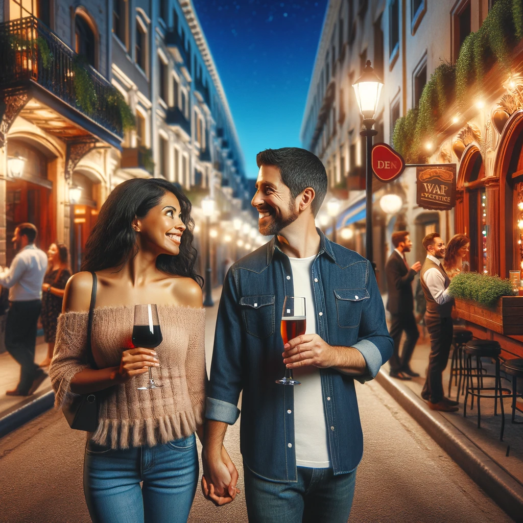 A bustling city street at night with a range of cozy, inviting bars. In the foreground, a happy couple, a black woman and a hispanic man, engaged in conversation, holding hands but looking at different bars, symbolizing connection and individual interests. The street is vibrant, lively, showing a healthy relationship amidst a social setting.