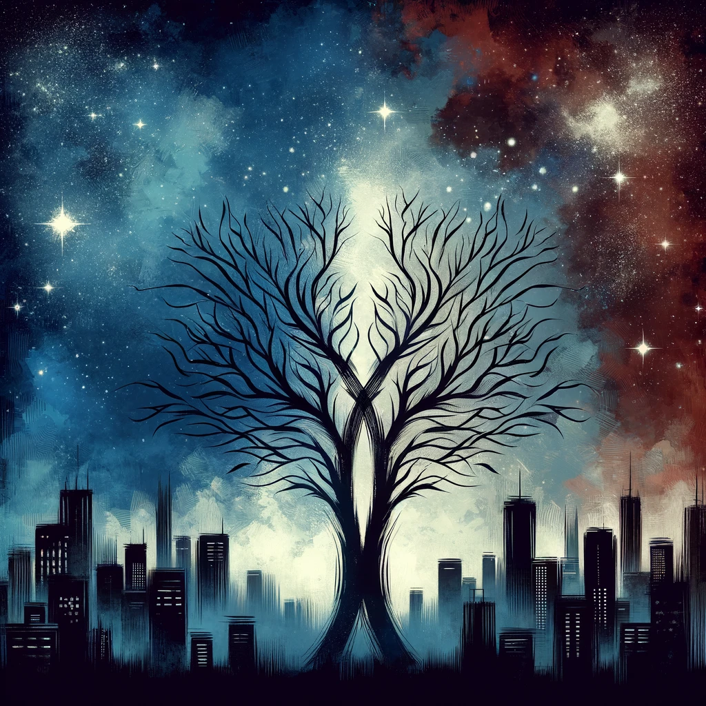 Artistic, semi-abstract representation of two distinct trees with intertwining branches, set against a backdrop of a starry night sky. The trees represent a couple, symbolizing personal growth and balance in a relationship. In the background, a cityscape silhouette with subtle outlines of bars and social venues, metaphorically depicting the setting of bar-hopping while maintaining individuality.