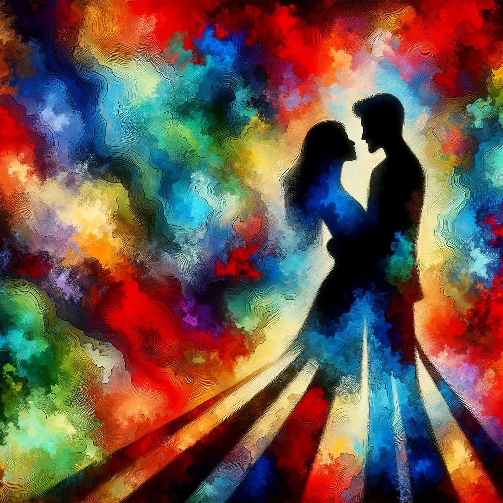 A vivid and detailed image of a couple's shadow cast on a colorful, abstract background. The couple is depicted in a loving embrace, their shadows sharply defined against a vibrant mix of colors that blend artistically. The background features a spectrum of hues, including blues, reds, greens, and yellows, creating a visually stunning contrast with the black silhouette of the couple. This image is designed with a high level of detail and a smart composition, ideal for evoking a sense of romance and artistic flair.