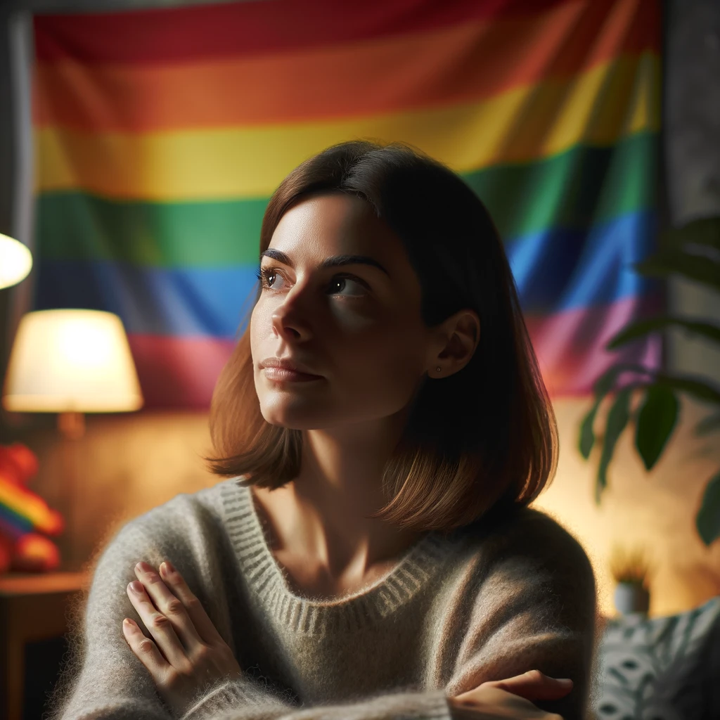 A thoughtful woman, with an expression of deep contemplation, is sitting in a cozy room. The background prominently features a vibrant lgbt flag draped elegantly on the wall. The lighting in the room is soft and warm, highlighting the woman's thoughtful demeanor. She has shoulder-length brown hair and is wearing a casual, comfortable sweater. The room has a few houseplants, adding a touch of nature and tranquility. This image portrays a moment of introspection with a supportive lgbt theme.