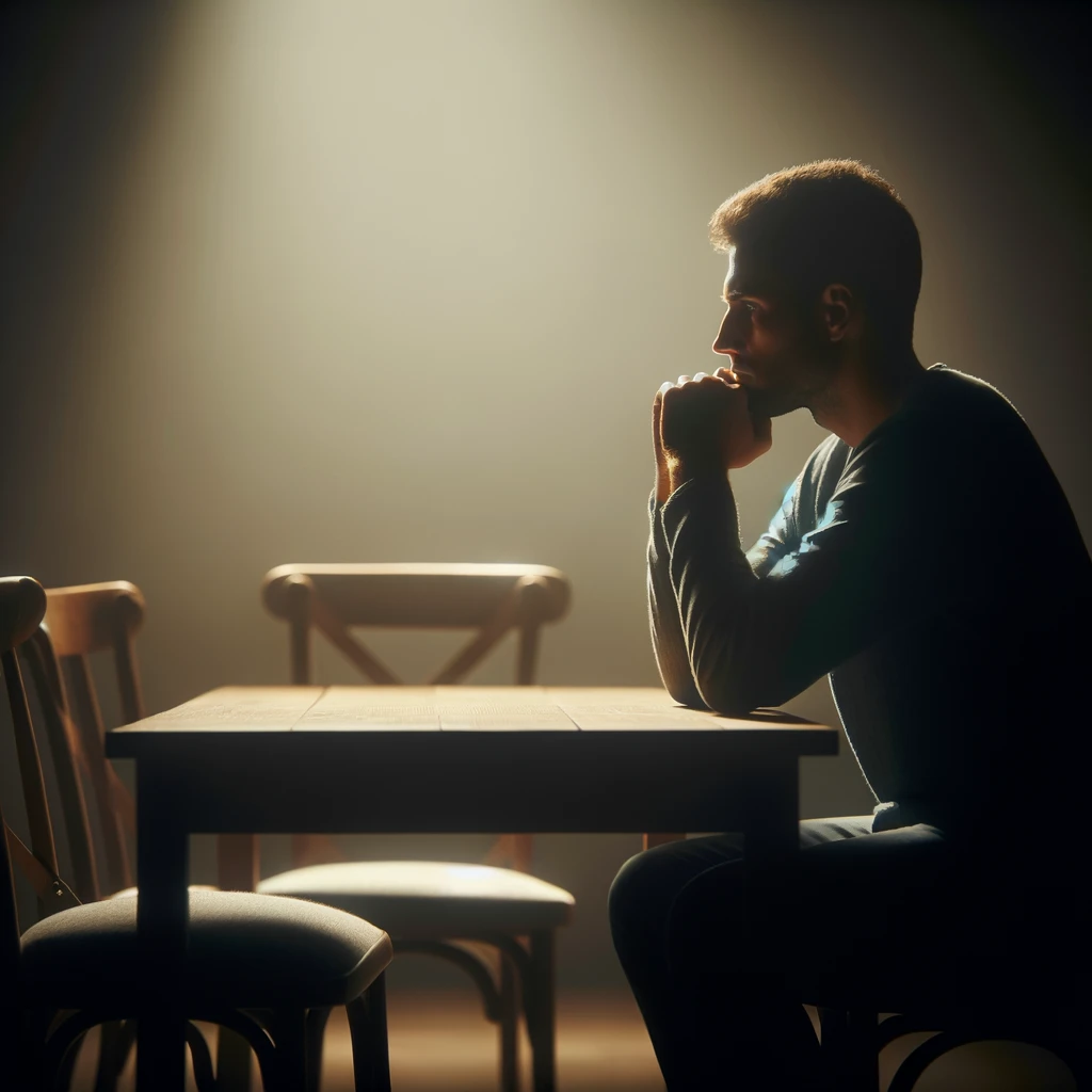 A contemplative individual sitting at a dimly lit table, deep in thought about a sensitive decision. The room is softly illuminated, emphasizing the person's thoughtful expression. Empty chairs surround the table, symbolizing the potential involvement of family or friends in a delicate matter. The atmosphere is serene yet filled with the seriousness of the decision. The image captures the essence of weighing the option of involving others in a personal issue, with a focus on the emotional and thoughtful aspect of the situation.