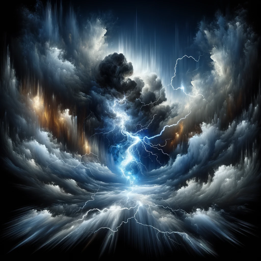 An abstract representation of feeling threatened or unsafe, depicting a stormy sky with dark clouds and lightning, symbolizing turmoil and danger. The image should be highly detailed, with a focus on the dramatic contrast between the dark clouds and bright lightning strikes, evoking a sense of urgency and the need for protection. This abstract image captures the essence of feeling under threat, emphasizing the importance of seeking safety.