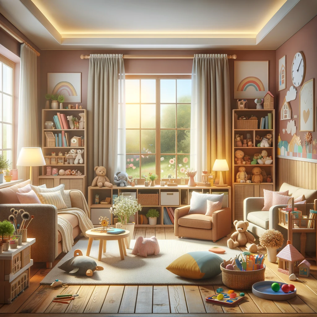 A cozy, cheerful living room scene depicting a warm, nurturing environment for children. The room is filled with soft lighting, comfortable furniture, and child-friendly decor. A large window shows a peaceful outdoor view, enhancing the sense of safety and tranquility. There are books, toys, and art supplies neatly organized, promoting a sense of order and normalcy. The scene captures a harmonious and loving atmosphere, ideal for shielding children from adult conflicts.