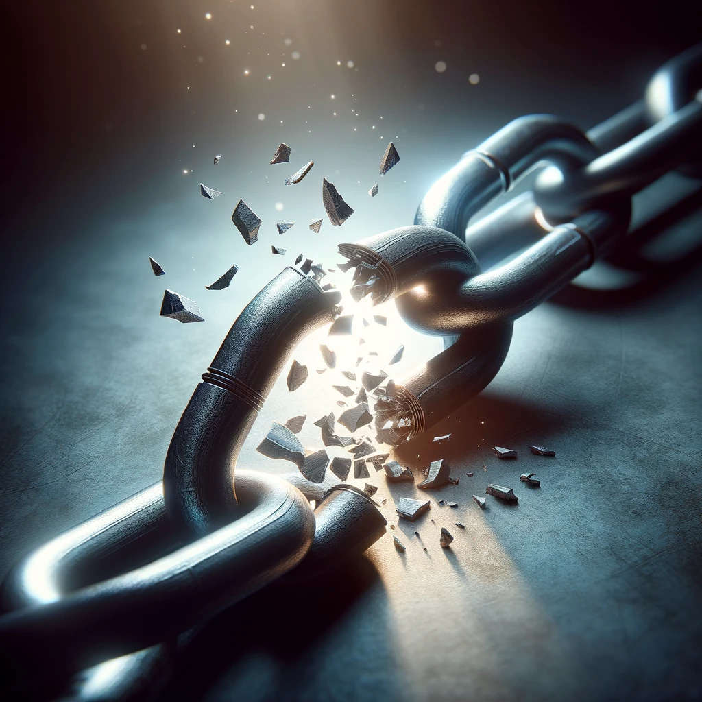 A concept art showing a symbolic representation of overcoming blackmail. The image features a broken chain on a dark background, symbolizing freedom and breaking free from constraints. The chain is elegantly designed, with intricate details and a realistic metallic texture, catching the light as if it's just been shattered. The background is subtly textured, providing a sense of depth and focus on the broken chain, conveying a message of liberation and triumph over adversity.