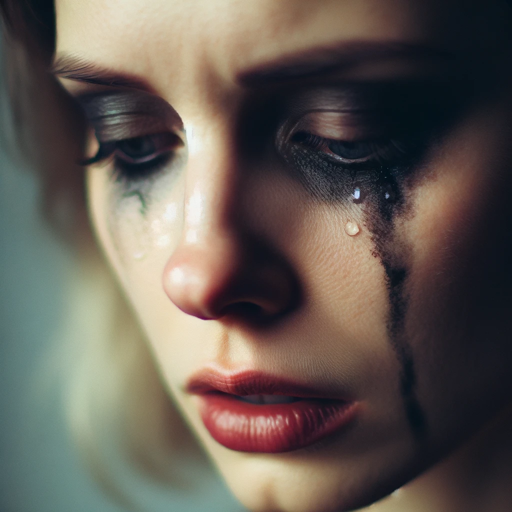 Close-up portrait of a woman with tears streaming down her face, smudging her black makeup. The image captures a poignant moment, highlighting the contrast between her pale skin and the dark trails of mascara and eyeliner running down her cheeks. The background is softly blurred, emphasizing her emotional expression. The lighting is soft and sympathetic, adding depth to the scene. This image conveys a deep sense of sorrow and vulnerability.