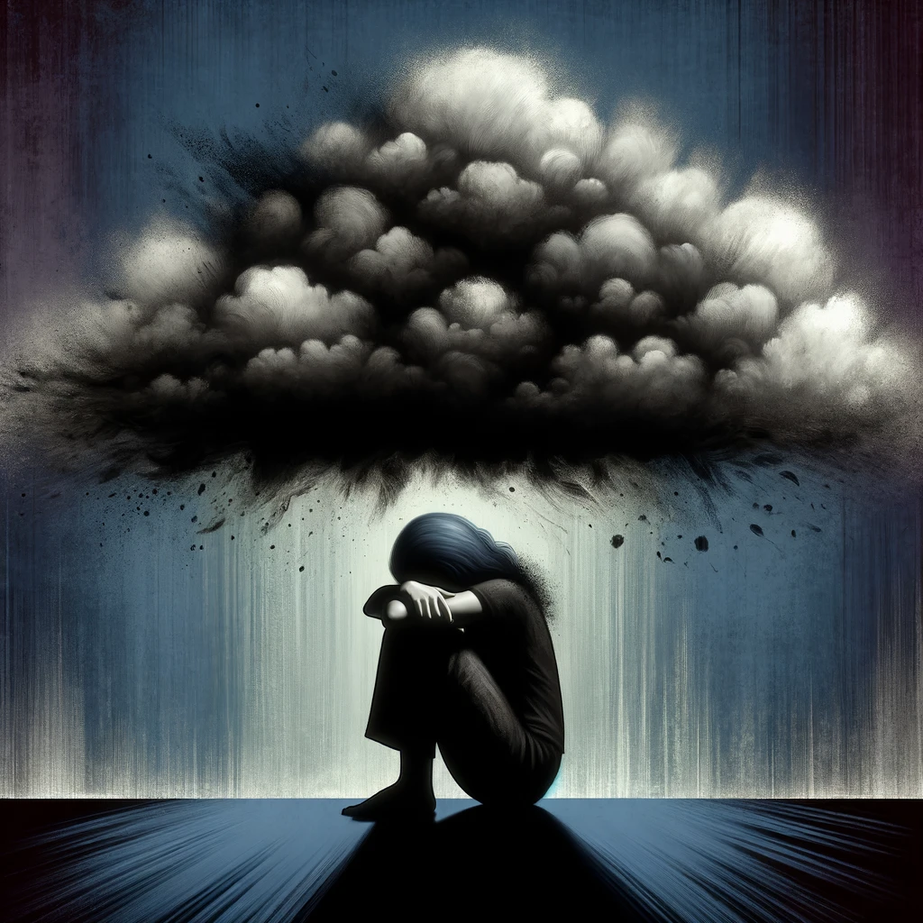 A symbolic depiction of the psychological impact of wife blackmailing on a woman's mental health. The image features a woman sitting alone, her head in her hands, under a dark, foreboding cloud. This represents feelings of anxiety and depression. The background transitions from dark to slightly lighter shades, symbolizing a mix of emotions like fear, shame, and betrayal. The artwork is highly detailed, emphasizing the profound emotional turmoil and mental distress experienced by the woman.