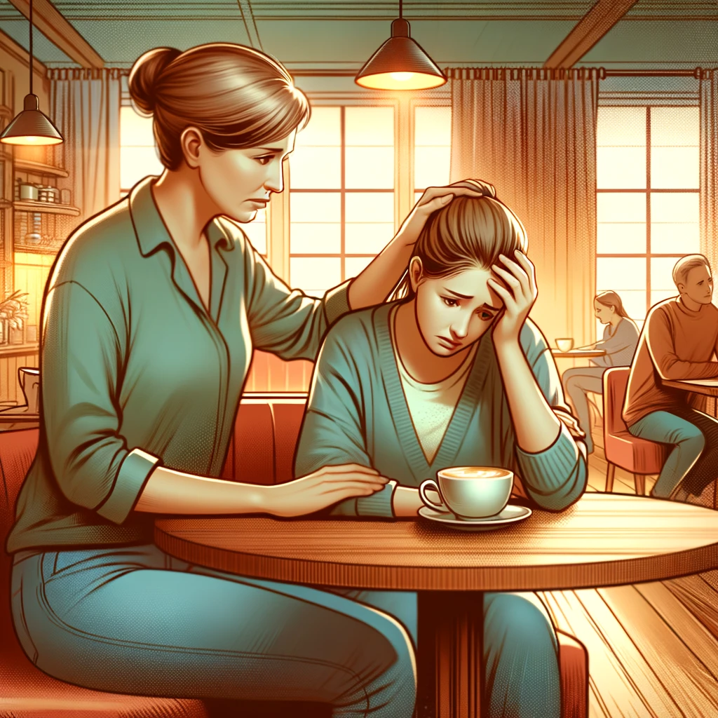 An illustration depicting the concept of emotional support in a difficult situation. The image shows two people sitting at a cozy coffee shop, with one person comforting the other who appears troubled. The comforting person is a middle-aged woman with a compassionate expression, offering a supportive hand to the other, a younger woman who looks distressed. The coffee shop is warmly lit and inviting, symbolizing a safe and private space. The focus is on the supportive gesture and the empathetic environment, conveying a message of trust and understanding.