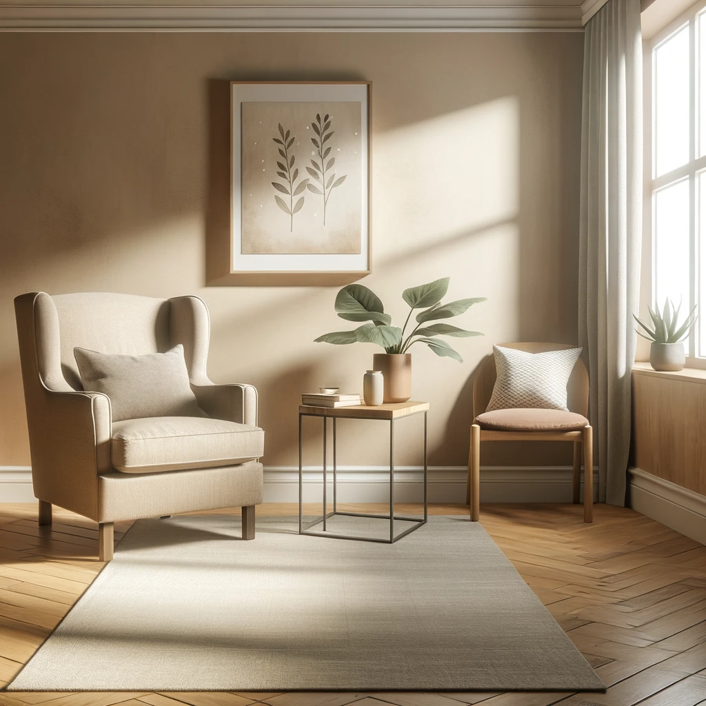 A therapy room with a warm and serene atmosphere, symbolizing a safe space for individual therapy. The room is bathed in soft natural light, with a cozy armchair near a small table holding a potted plant. Neutral-toned walls with subtle, therapeutic artwork convey a peaceful environment suitable for discussing and processing personal trauma. The setting is detailed and high-quality, reflecting a comforting and supportive space.