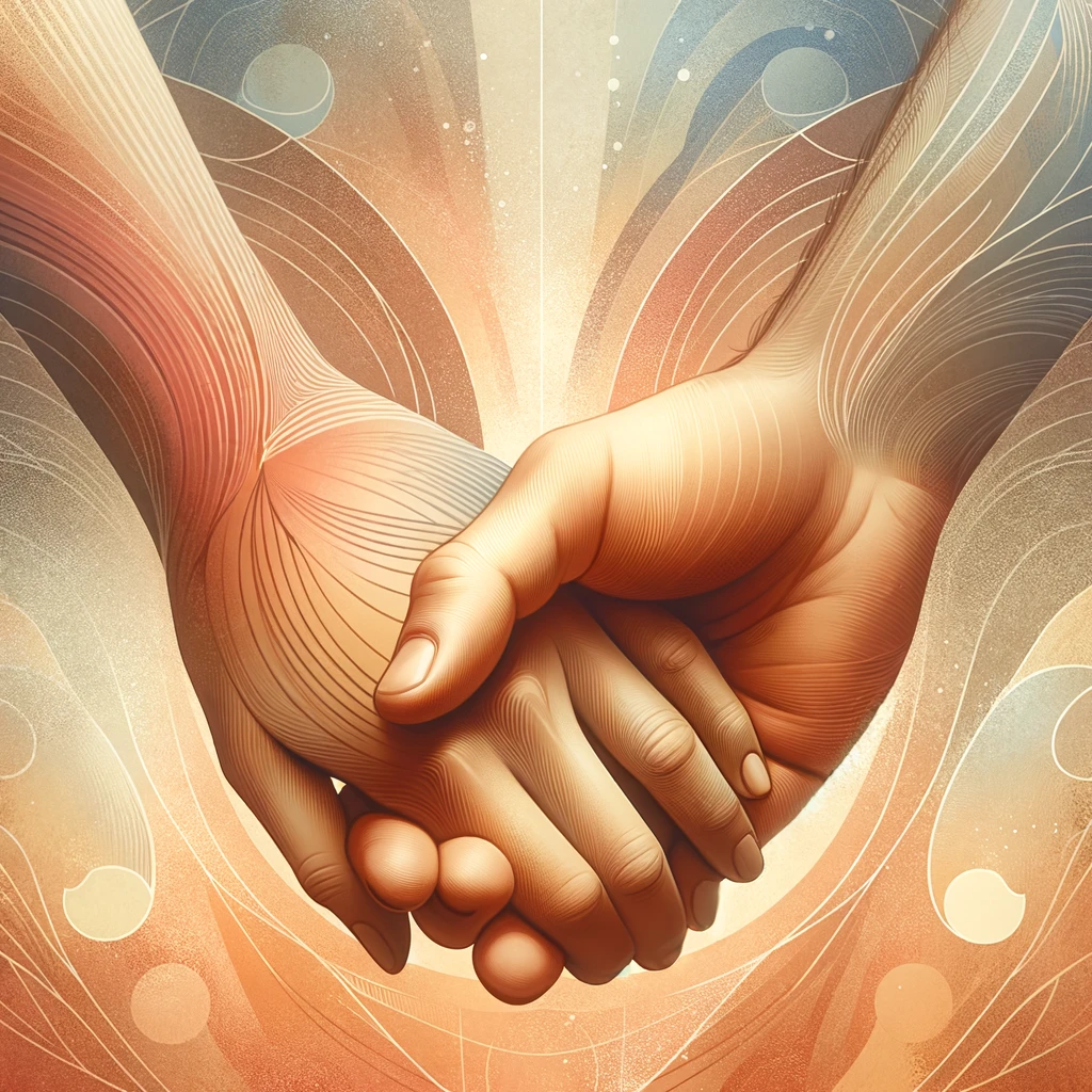 An image showing two hands, representing a couple, gently holding each other against a soft, abstract background. The hands should be detailed and realistic, symbolizing a strong bond and connection. The background is composed of warm, soothing colors, with subtle patterns that evoke a sense of harmony and understanding, reflecting the essence of couples therapy.