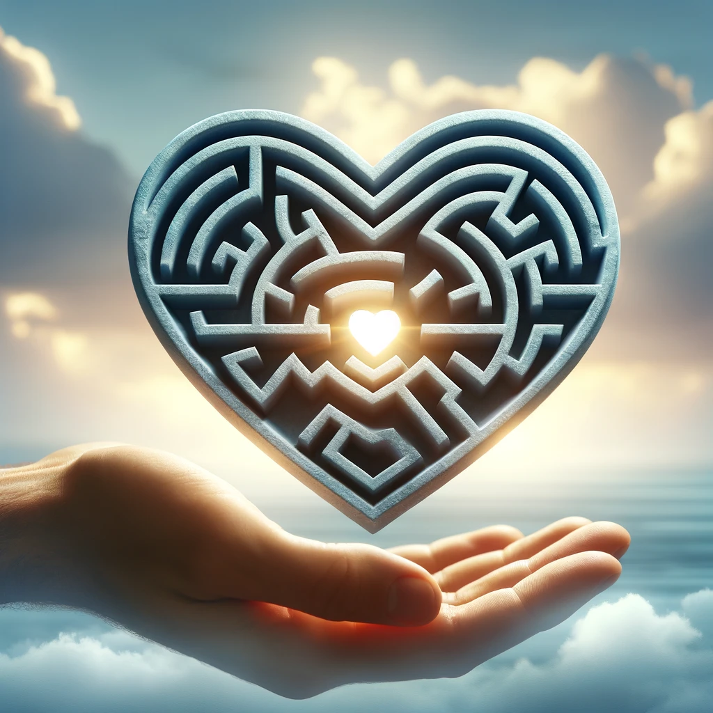 A symbolic representation of navigating relationship challenges, featuring a heart-shaped maze with a small bright light at its center, symbolizing hope and solutions amidst complexities. The background is serene, portraying peace and calmness.