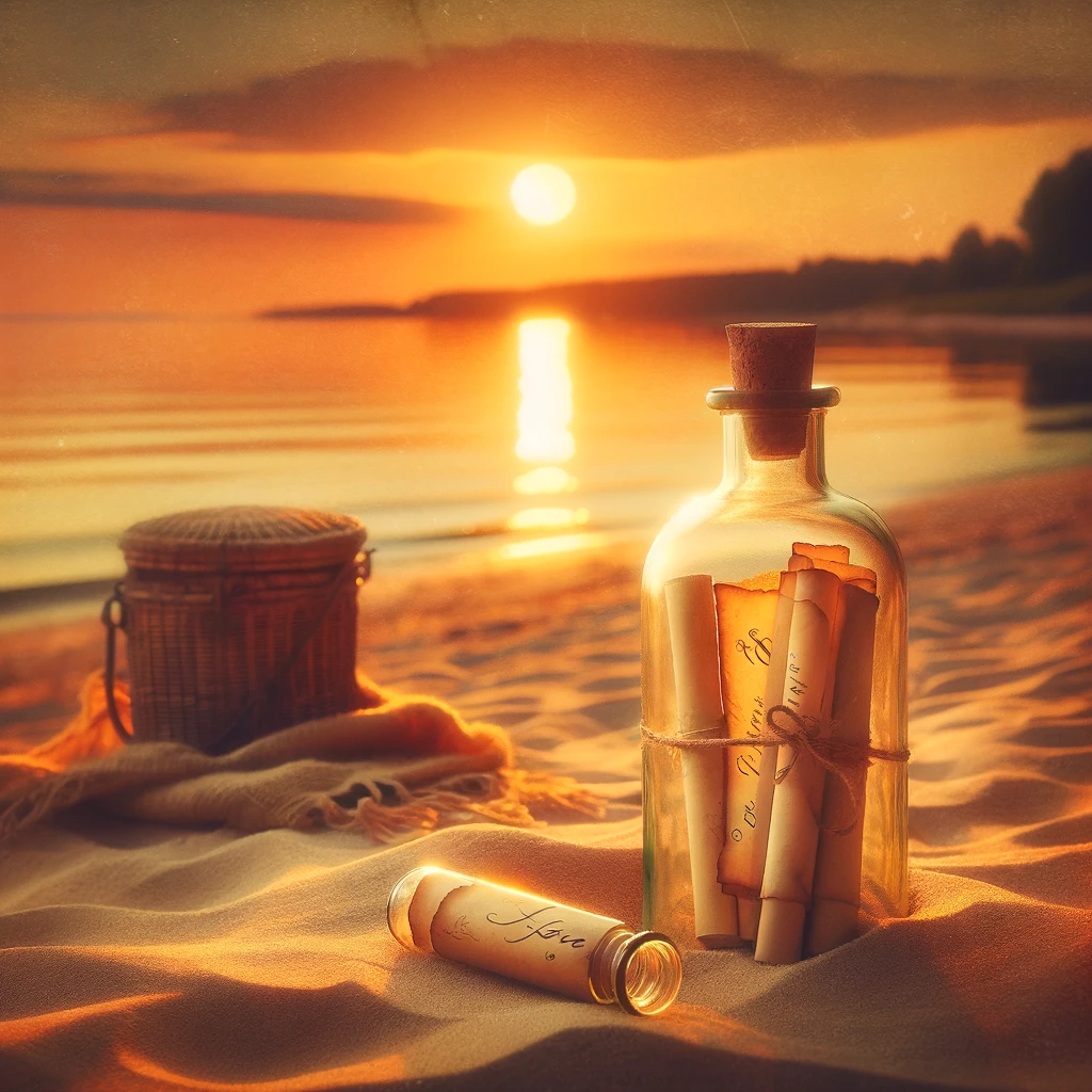 An old-world romantic scene on a beach at sunset. Two glass bottles with sealed love letters inside are prominently displayed in the foreground, lying on the soft, golden sand. The background features a calm sea reflecting the warm hues of the sunset. Surrounding the bottles, there are subtle traces of a beach picnic, like a cozy blanket and a basket, evoking a sense of intimacy and love. The scene is serene and picturesque, capturing the essence of timelessness and deep affection.